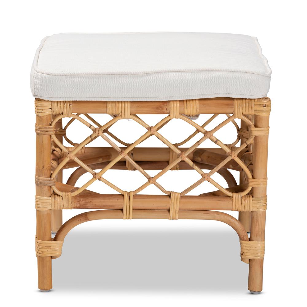 Bohemian White Fabric Upholstered and Natural Brown Rattan Ottoman. Picture 9