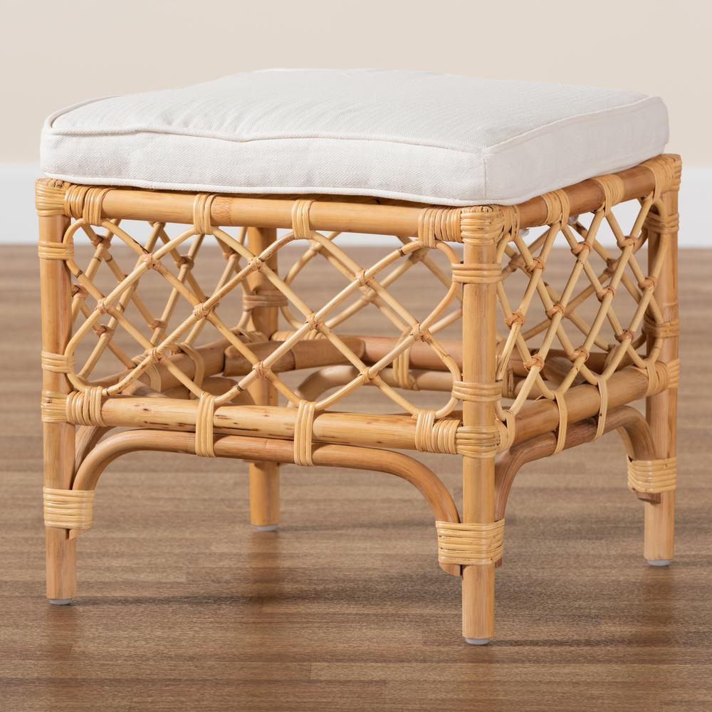 Bohemian White Fabric Upholstered and Natural Brown Rattan Ottoman. Picture 13