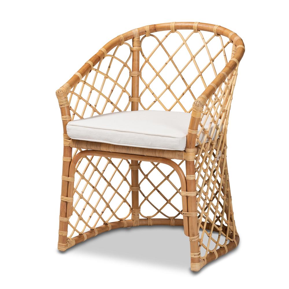 Bohemian White Fabric Upholstered and Natural Brown Rattan Dining Chair. Picture 11