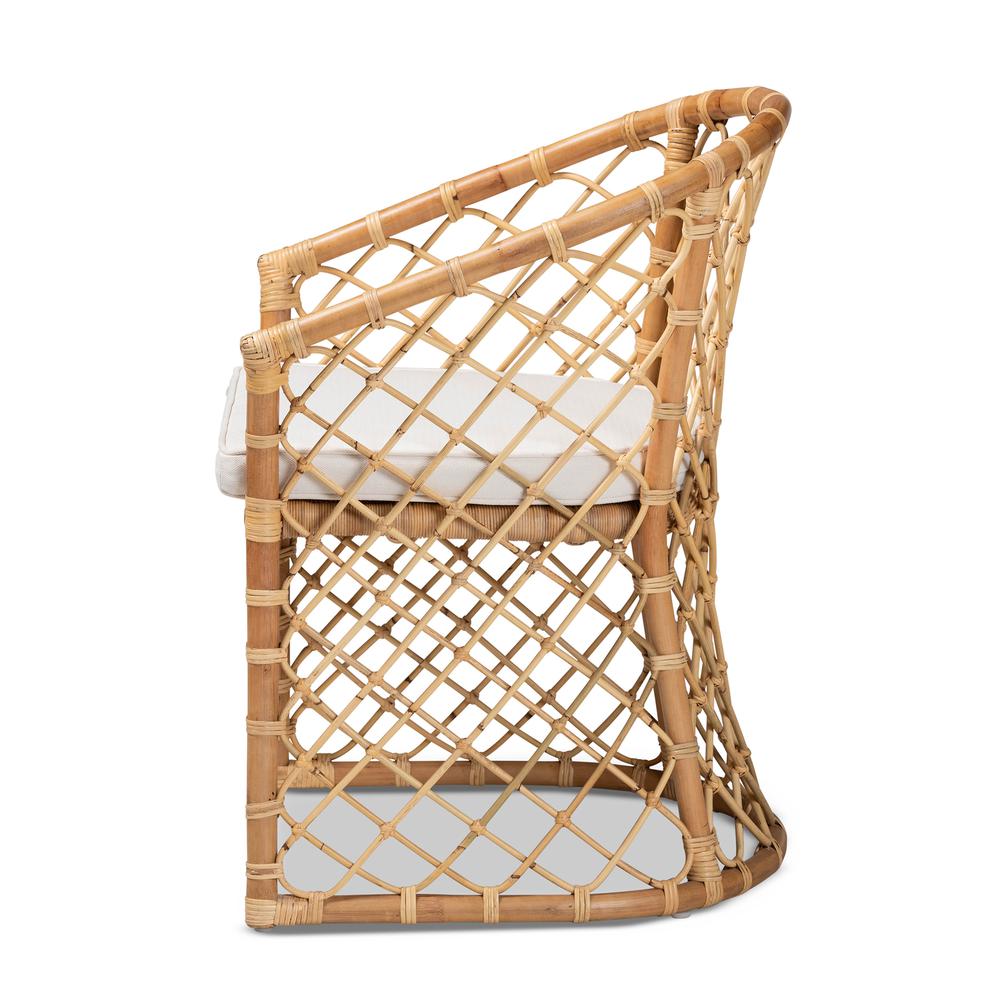 Bohemian White Fabric Upholstered and Natural Brown Rattan Dining Chair. Picture 13
