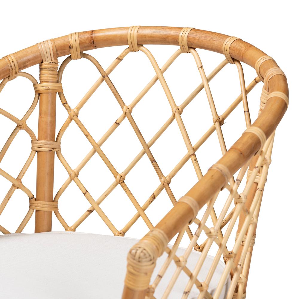 Bohemian White Fabric Upholstered and Natural Brown Rattan Dining Chair. Picture 15