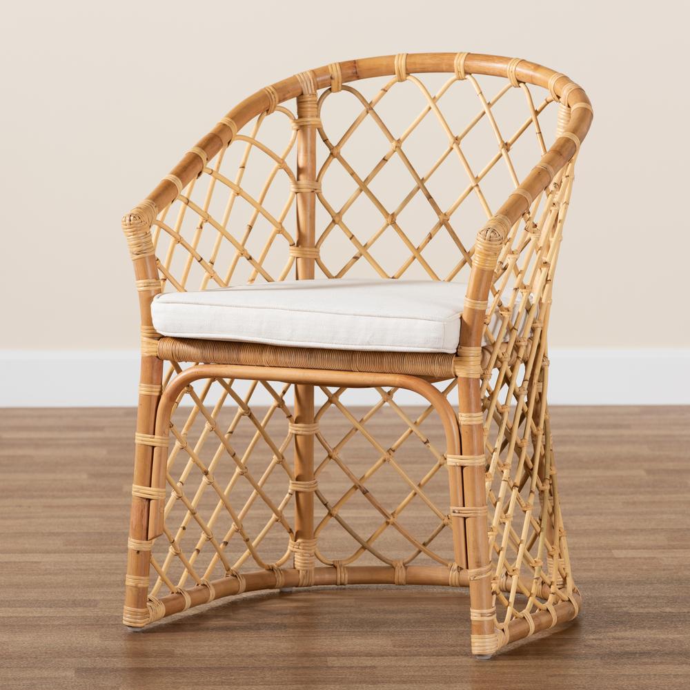 Bohemian White Fabric Upholstered and Natural Brown Rattan Dining Chair. Picture 19