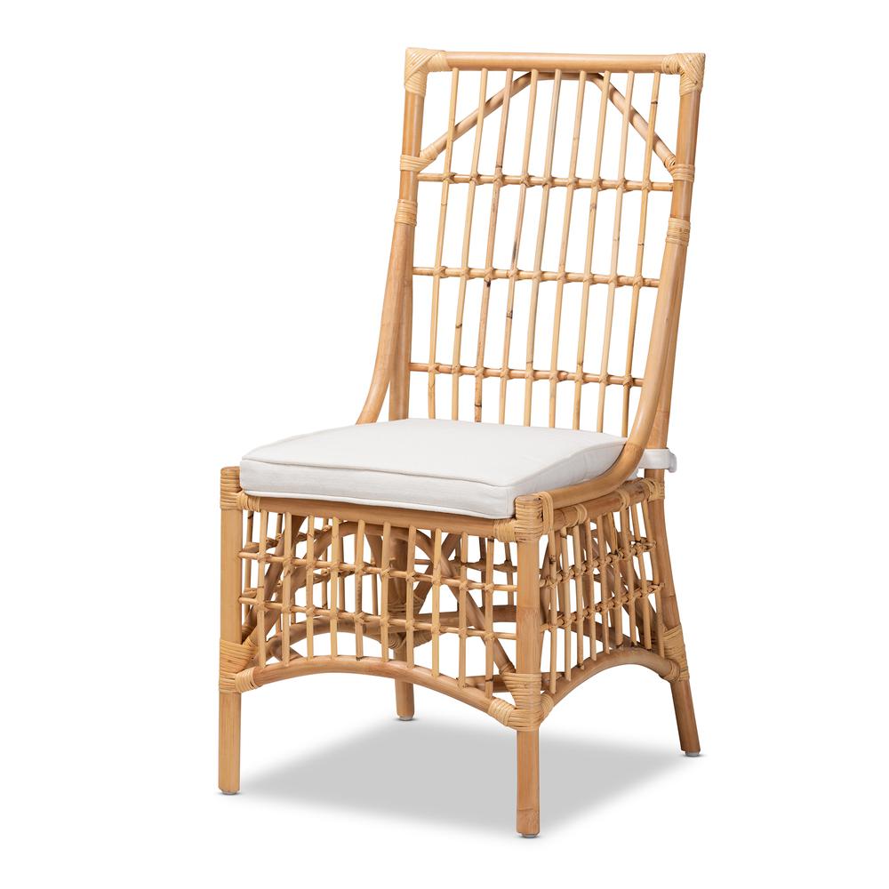 Bohemian White Fabric Upholstered and Natural Brown Rattan Dining Chair. Picture 11