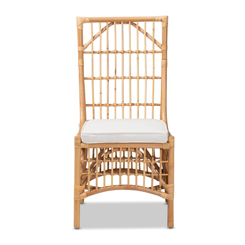 Bohemian White Fabric Upholstered and Natural Brown Rattan Dining Chair. Picture 12