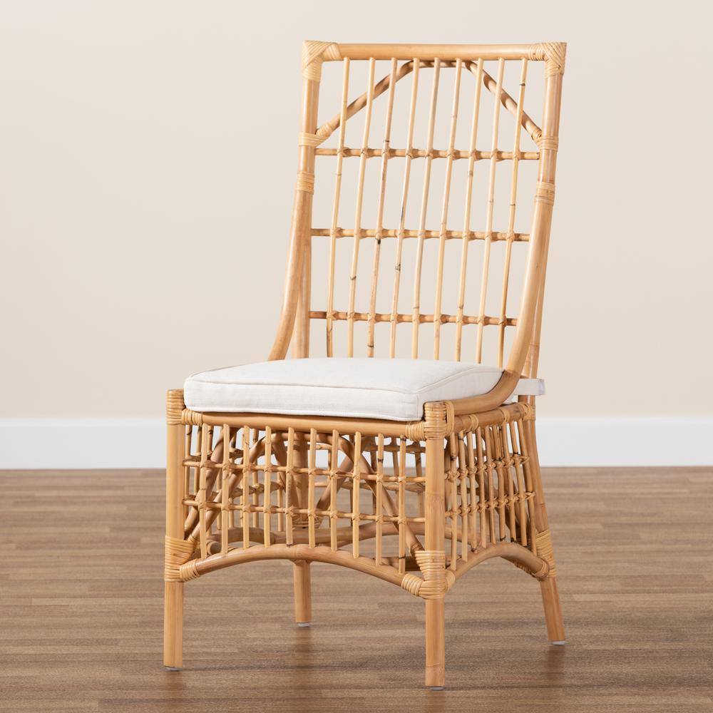Bohemian White Fabric Upholstered and Natural Brown Rattan Dining Chair. Picture 19