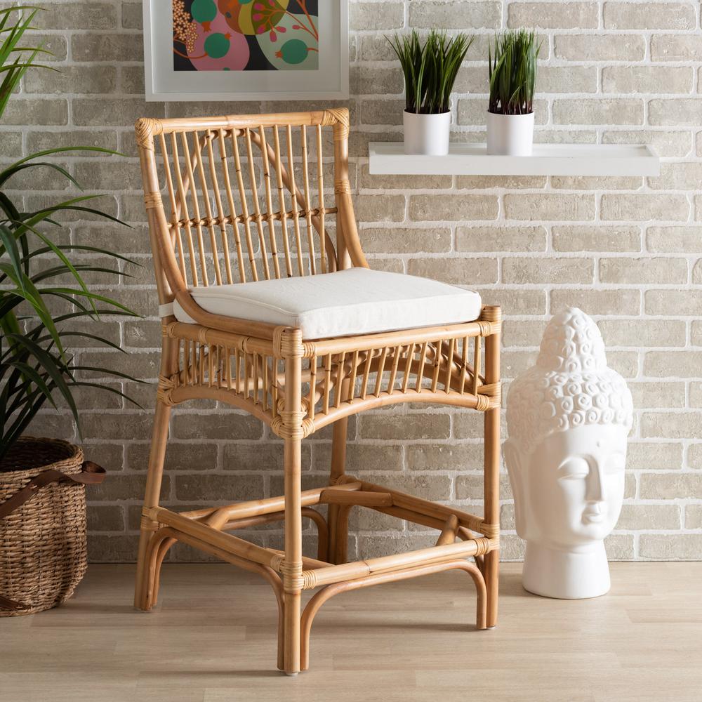 Baxton Studio Rose Modern Bohemian White Fabric Upholstered and Natural Brown Rattan Counter Stool. Picture 9