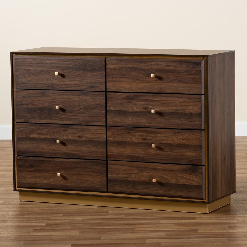 Walnut Brown Finished Wood and Gold Metal 8-Drawer Dresser. Picture 19