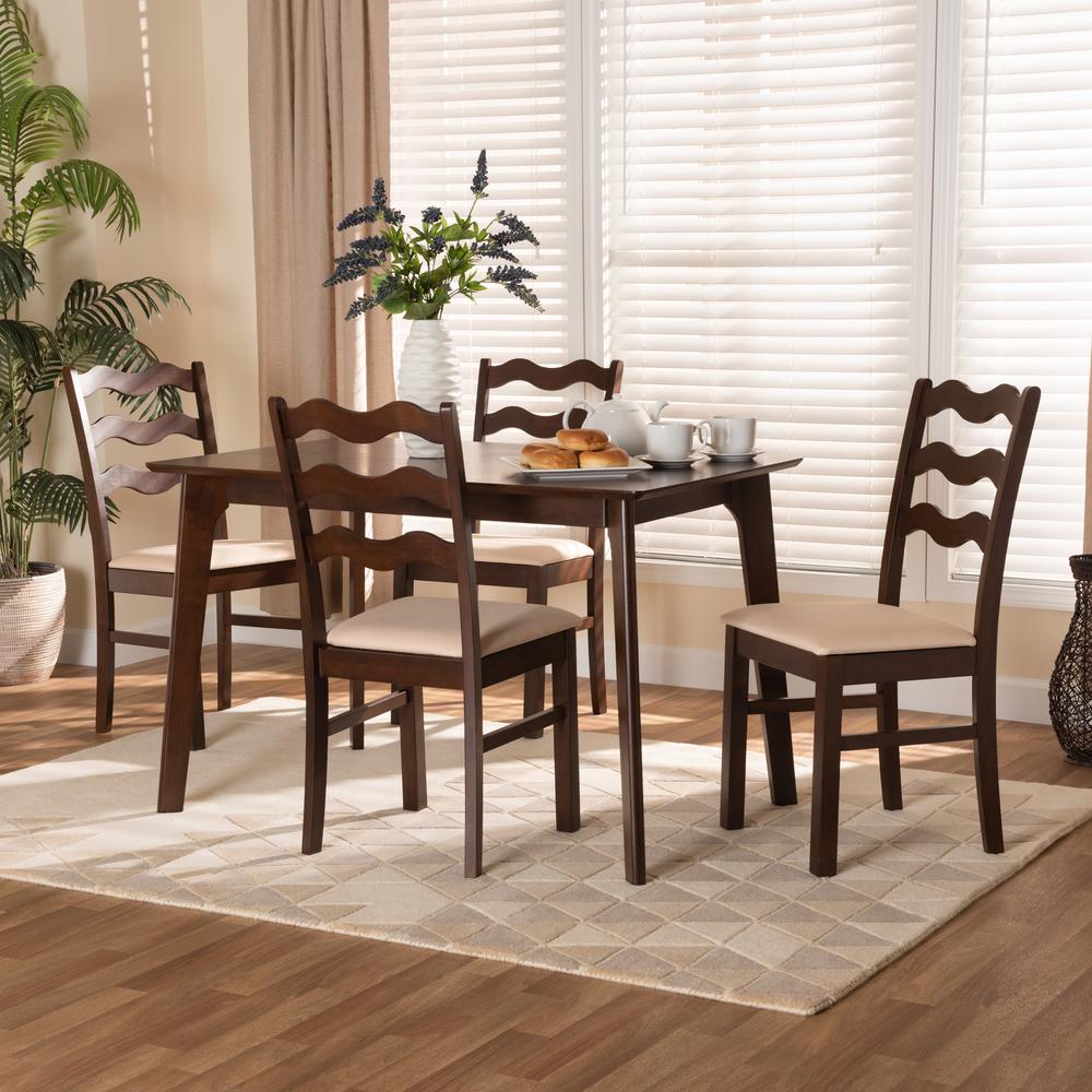 Cream Fabric and Dark Brown Finished Wood 5-Piece Dining Set. Picture 18
