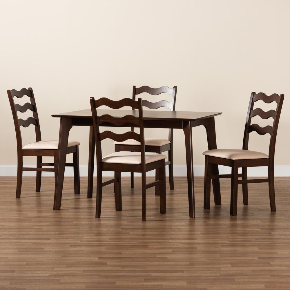 Cream Fabric and Dark Brown Finished Wood 5-Piece Dining Set. Picture 19