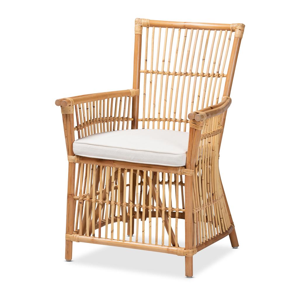 Bohemian White Fabric Upholstered and Natural Brown Rattan Armchair. Picture 11