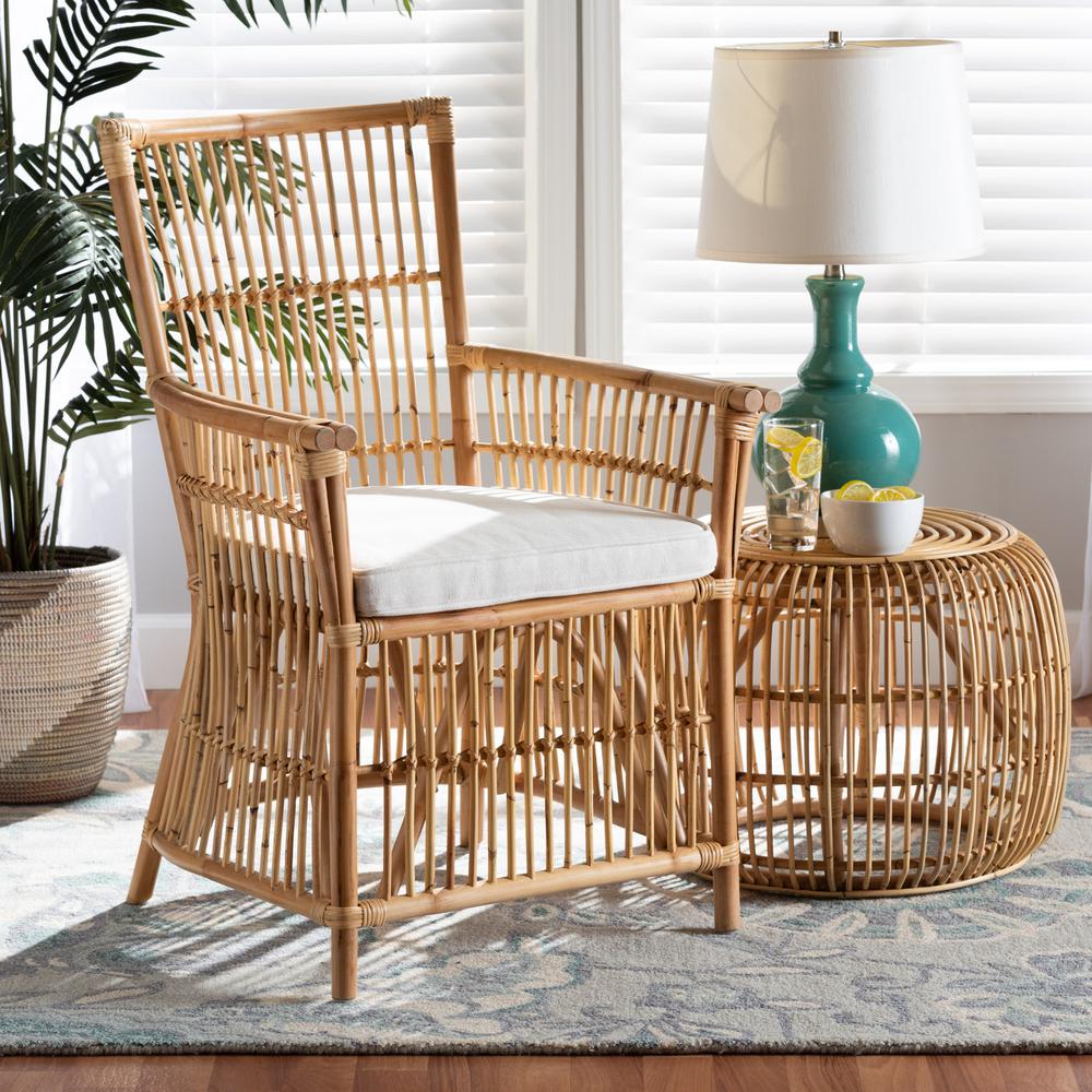 Bohemian White Fabric Upholstered and Natural Brown Rattan Armchair. Picture 18