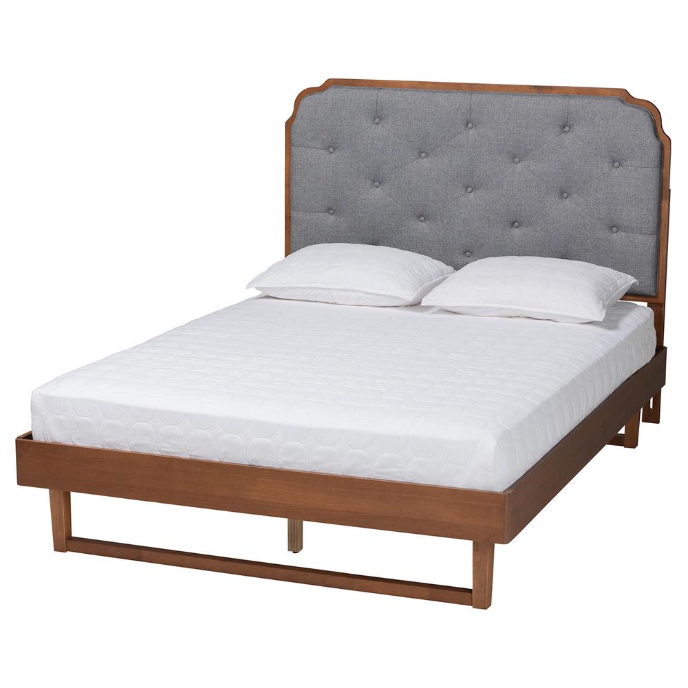 Grey Fabric and Walnut Brown Wood Queen Size Platform Bed. Picture 12