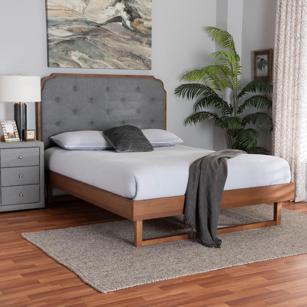Grey Fabric and Walnut Brown Wood Queen Size Platform Bed. Picture 18