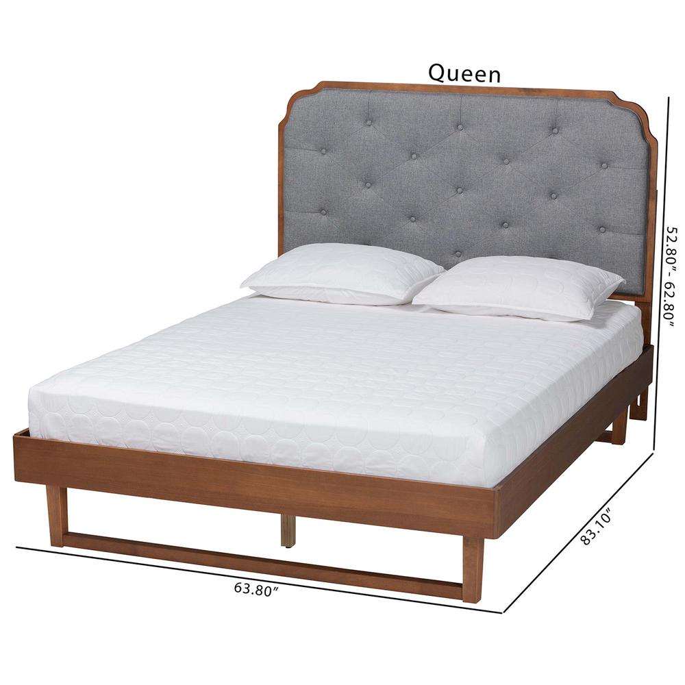 Grey Fabric and Walnut Brown Wood Queen Size Platform Bed. Picture 20