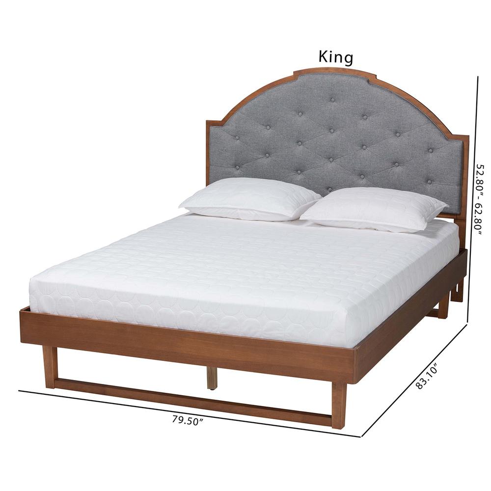 Grey Fabric and Walnut Brown Wood Queen Size Platform Bed. Picture 21