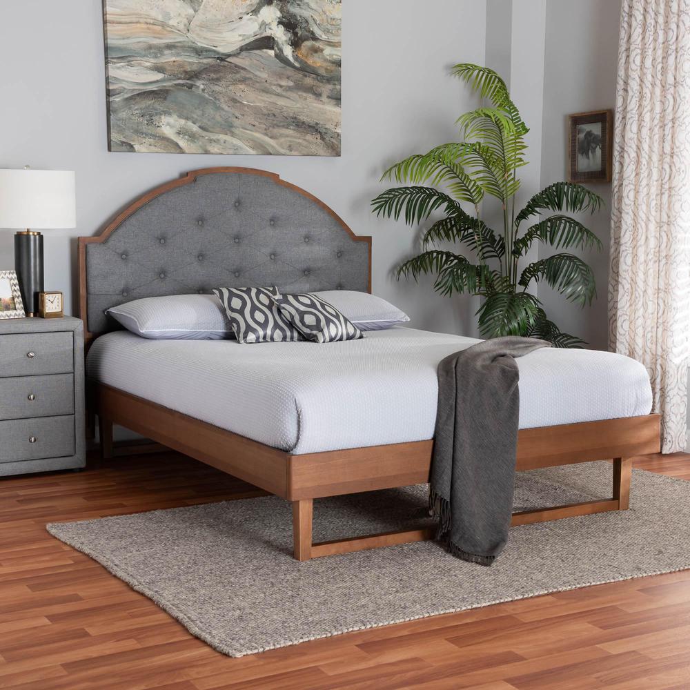 Grey Fabric and Walnut Brown Wood Queen Size Platform Bed. Picture 18