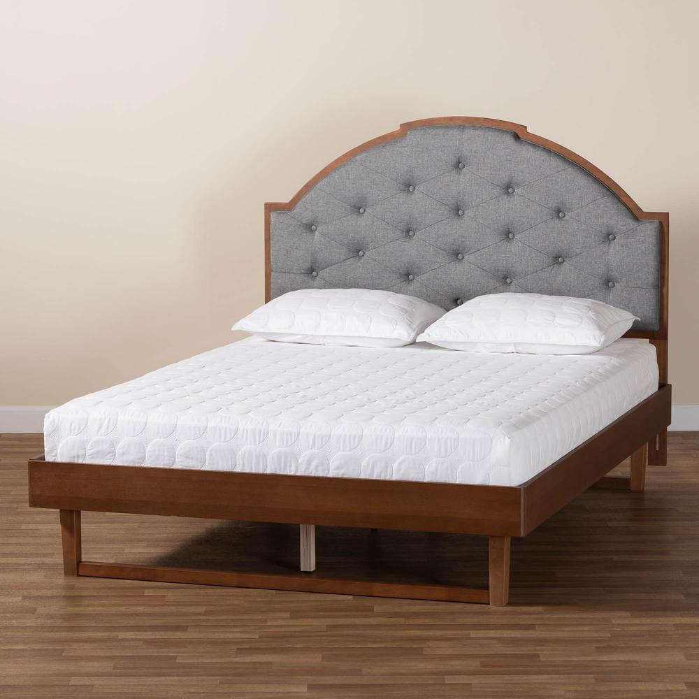 Grey Fabric and Walnut Brown Wood Queen Size Platform Bed. Picture 19