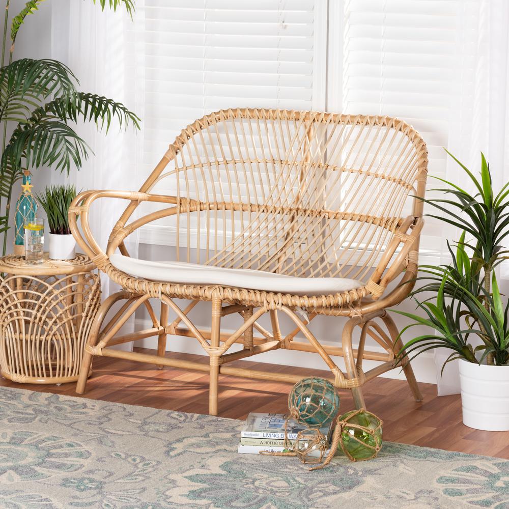 Baxton Studio Jayden Modern Bohemian White Fabric Upholstered and Natural Brown Finished Rattan Loveseat. Picture 9