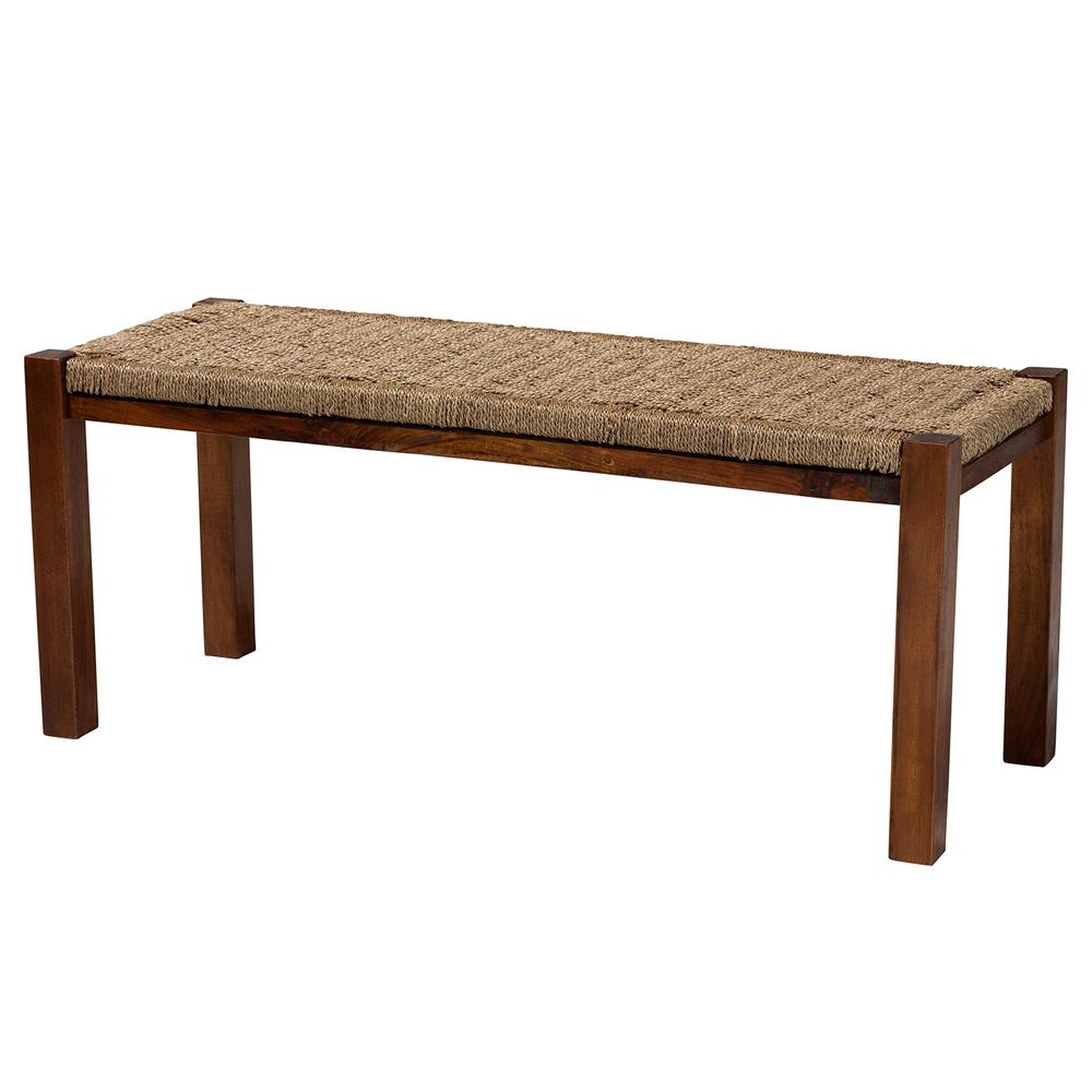 Transitional Natural Seagrass and Mahogany Wood Bench. Picture 9