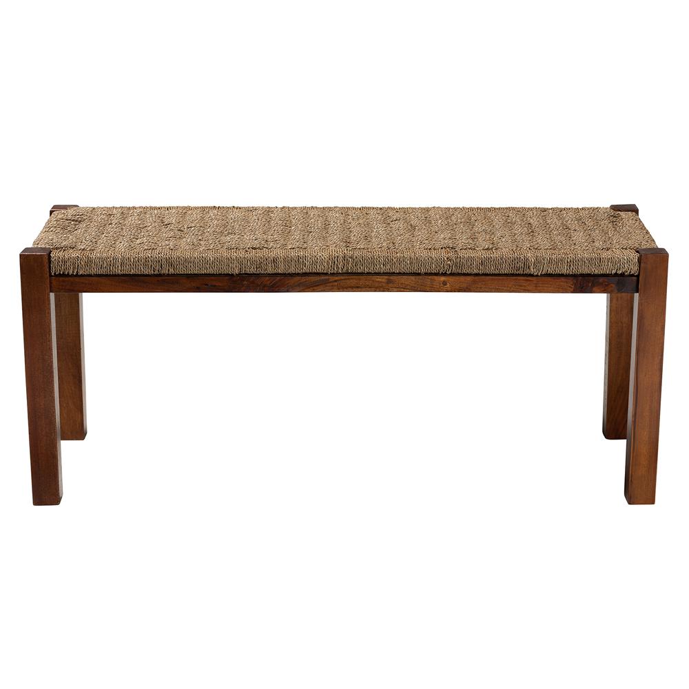 Transitional Natural Seagrass and Mahogany Wood Bench. Picture 10