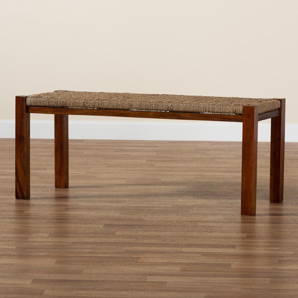 Transitional Natural Seagrass and Mahogany Wood Bench. Picture 15
