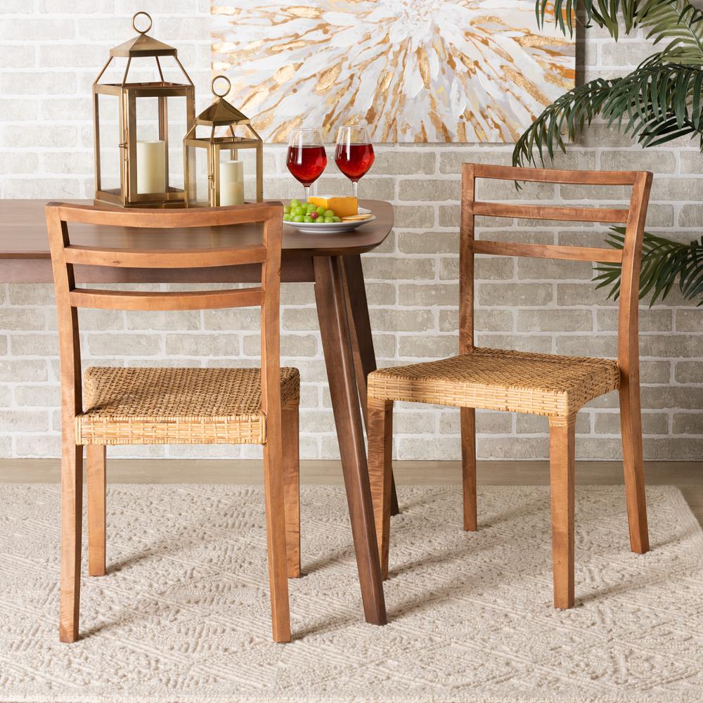 Walnut Brown Mahogany Wood and Natural Rattan 2-Piece Dining Chair Set. Picture 16