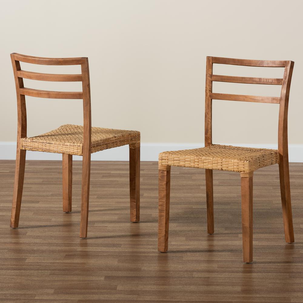 Walnut Brown Mahogany Wood and Natural Rattan 2-Piece Dining Chair Set. Picture 17
