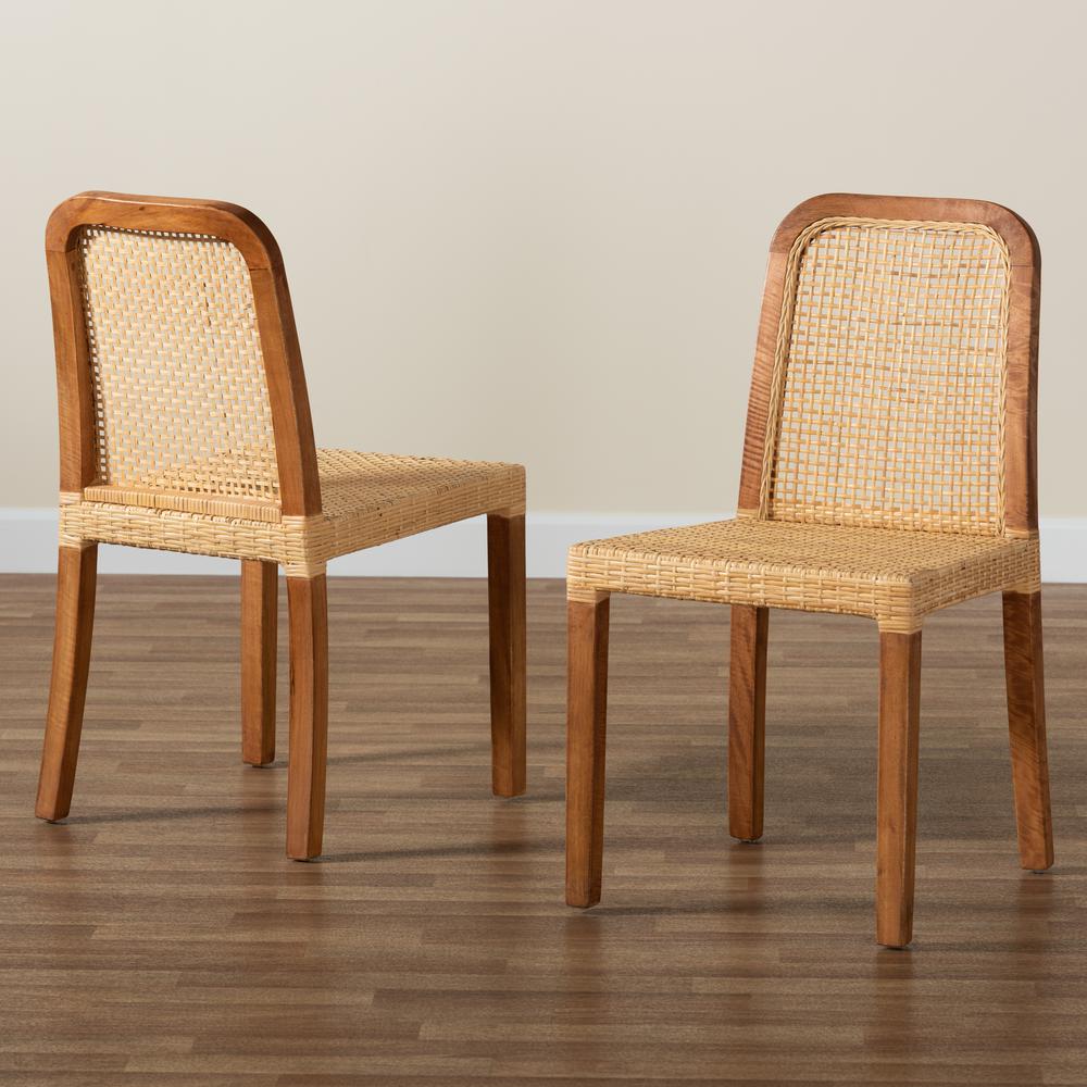 Walnut Brown Mahogany Wood and Natural Rattan 2-Piece Dining Chair Set. Picture 17