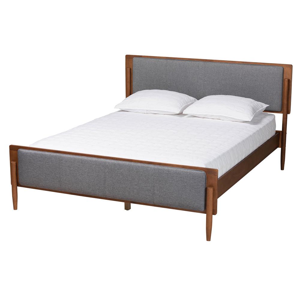 Grey Fabric and Ash Walnut Finished Wood Queen Size Platform Bed. Picture 11