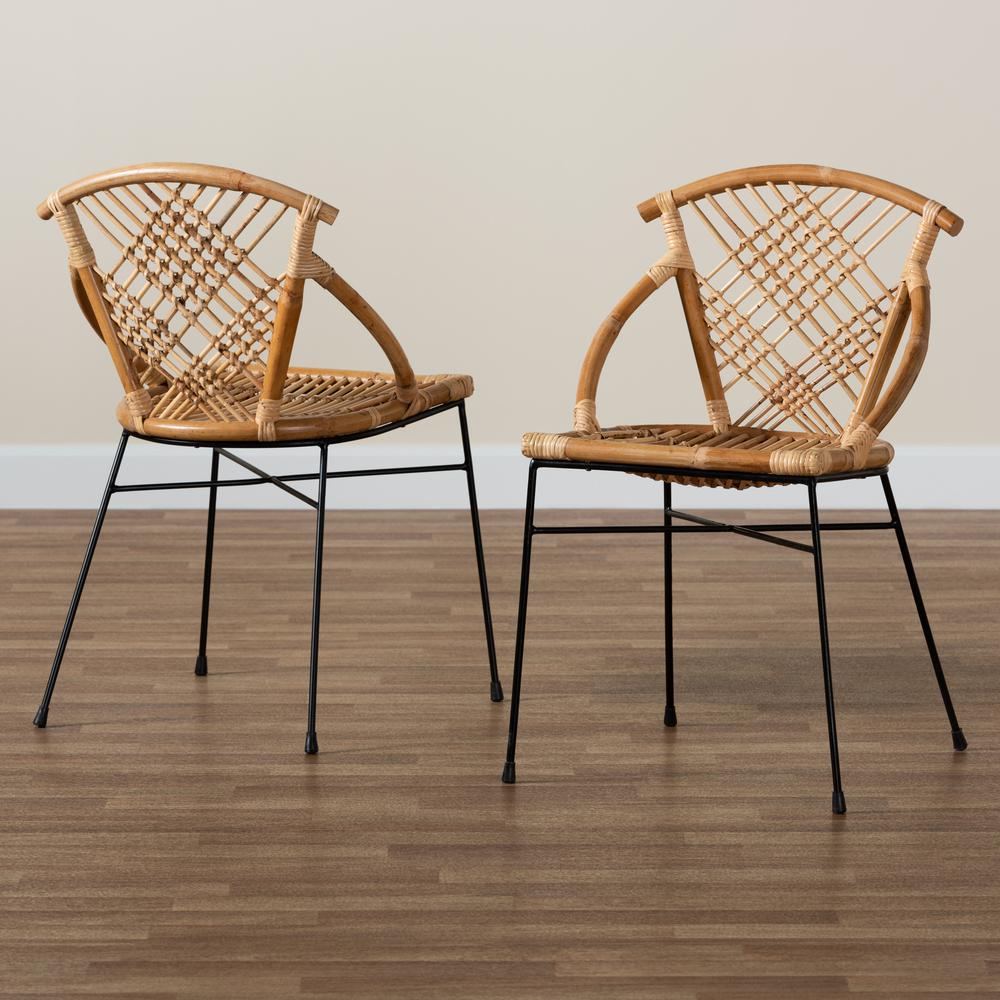 Bohemian Natural Brown Rattan and Black Metal 2-Piece Dining Chair Set. Picture 17