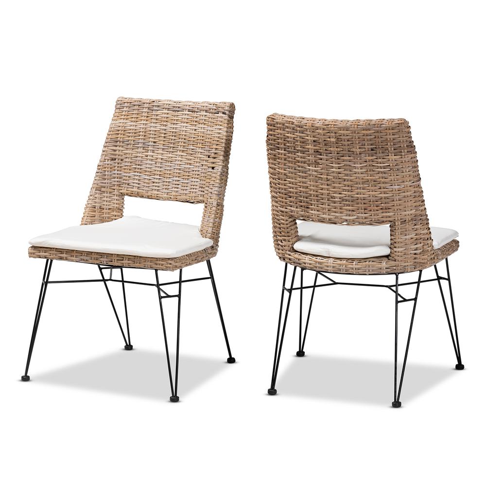 Bohemian Greywashed Natural Rattan Metal Dining Chair with Cushion 2-Piece Set. Picture 10