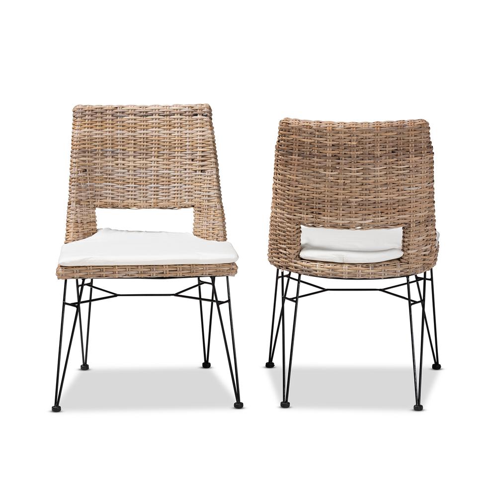 Bohemian Greywashed Natural Rattan Metal Dining Chair with Cushion 2-Piece Set. Picture 11