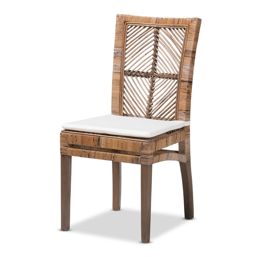 Bohemian Greywashed Natural Rattan and Mahogany Dining Chair with Cushion. Picture 11