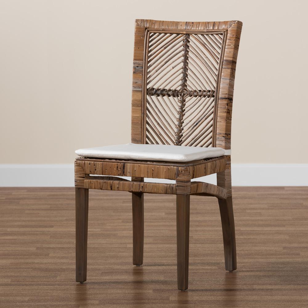 Bohemian Greywashed Natural Rattan and Mahogany Dining Chair with Cushion. Picture 19
