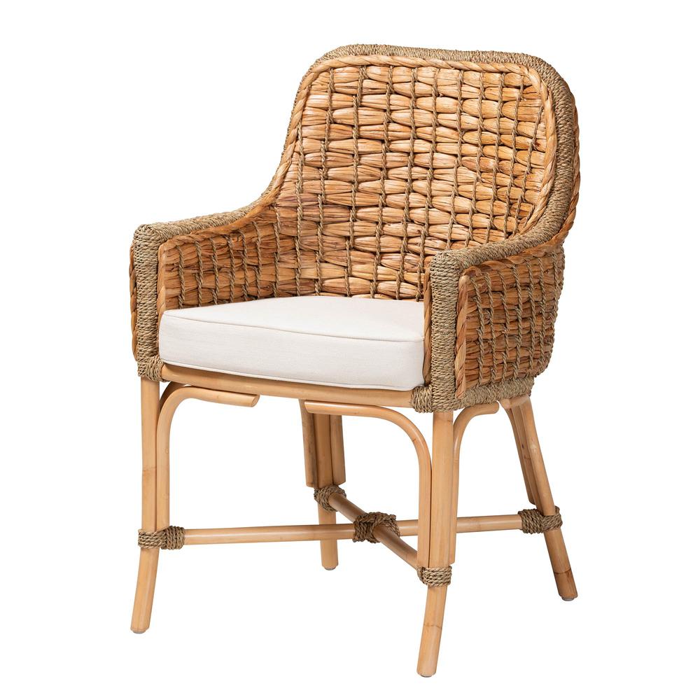 Bohemian Natural Brown Woven Rattan Dining Arm Chair with Cushion. Picture 11
