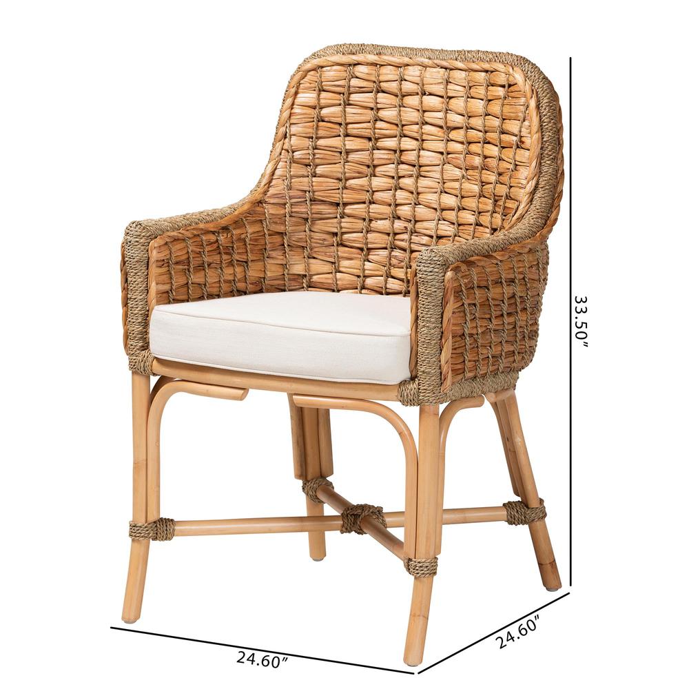 Bohemian Natural Brown Woven Rattan Dining Arm Chair with Cushion. Picture 20