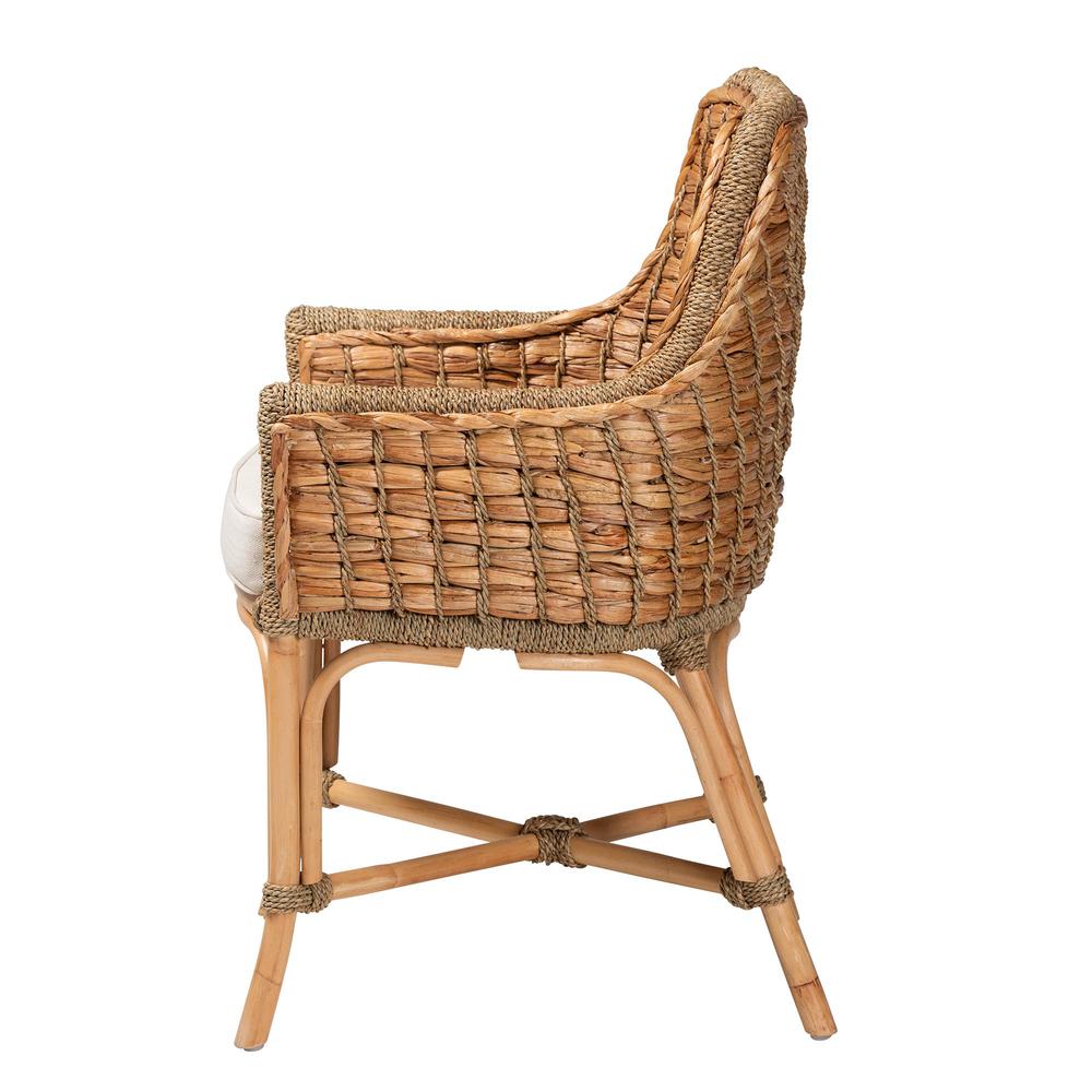 Bohemian Natural Brown Woven Rattan Dining Arm Chair with Cushion. Picture 13