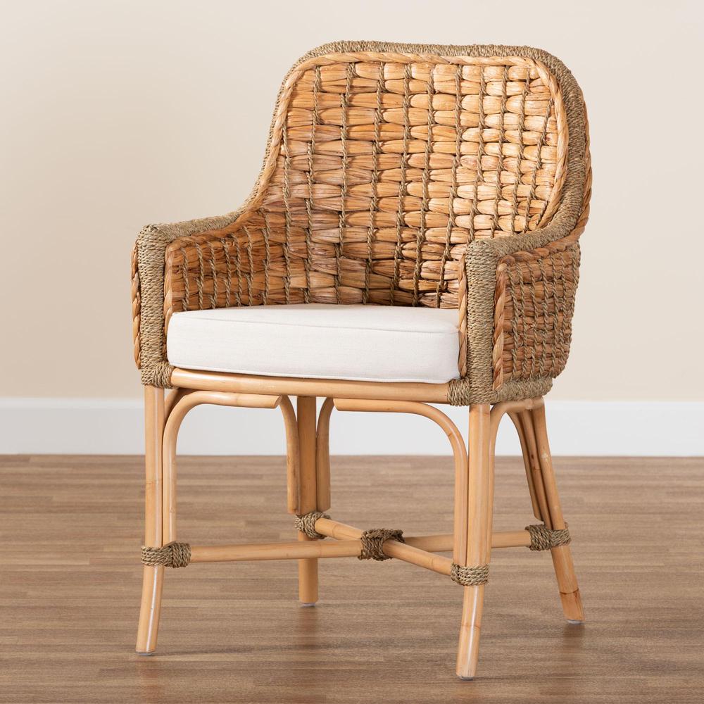 Bohemian Natural Brown Woven Rattan Dining Arm Chair with Cushion. Picture 19