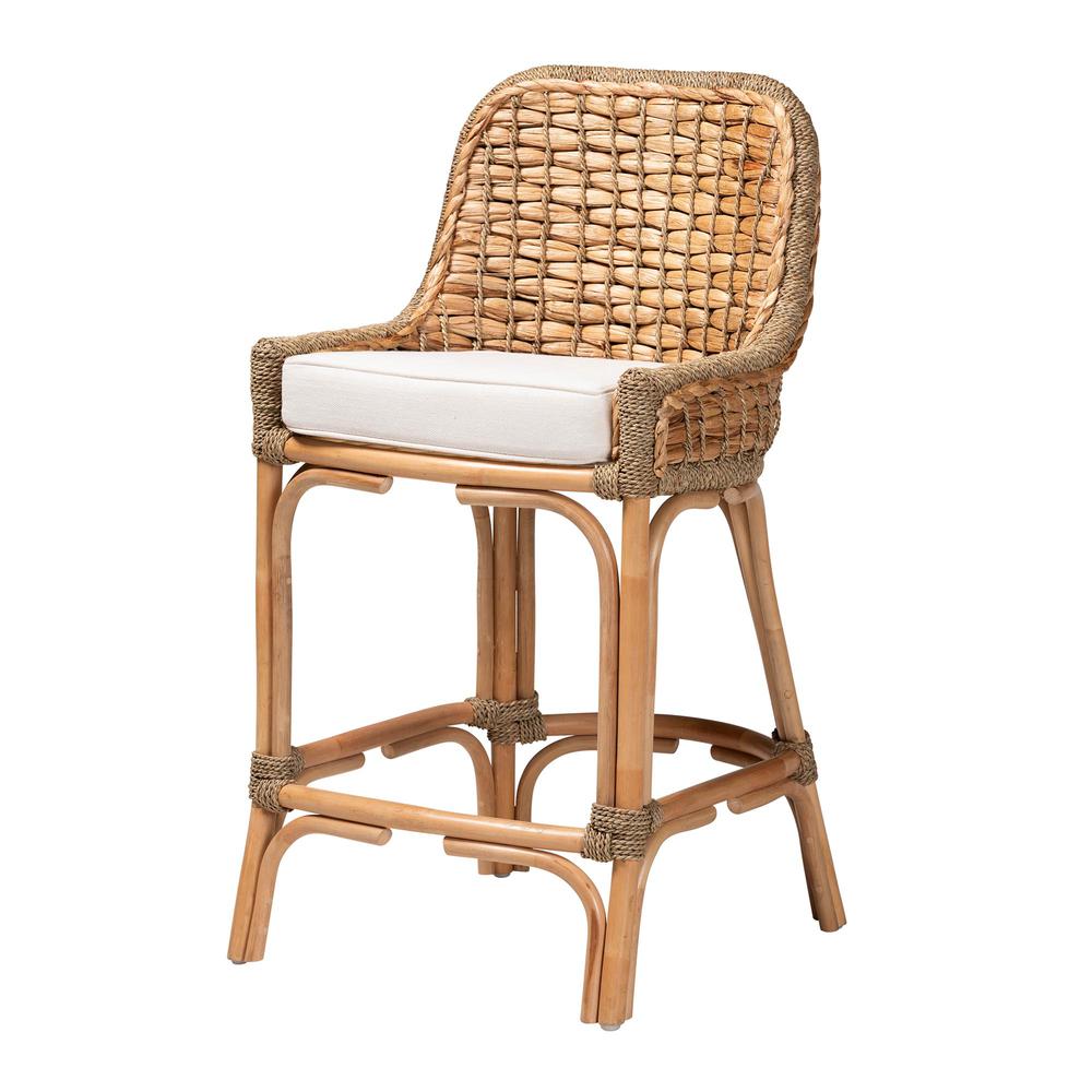 Bohemian Natural Brown Woven Rattan Counter Stool with Cushion. Picture 11