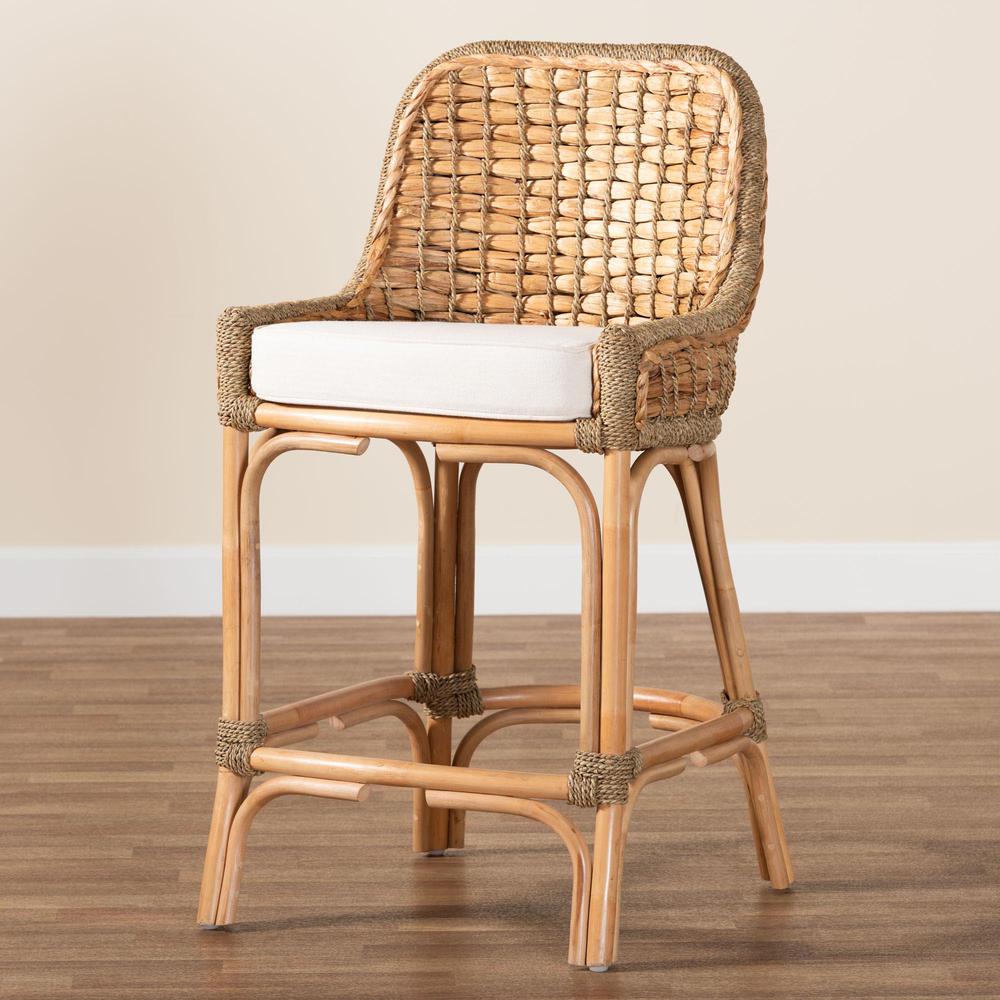 Bohemian Natural Brown Woven Rattan Counter Stool with Cushion. Picture 19