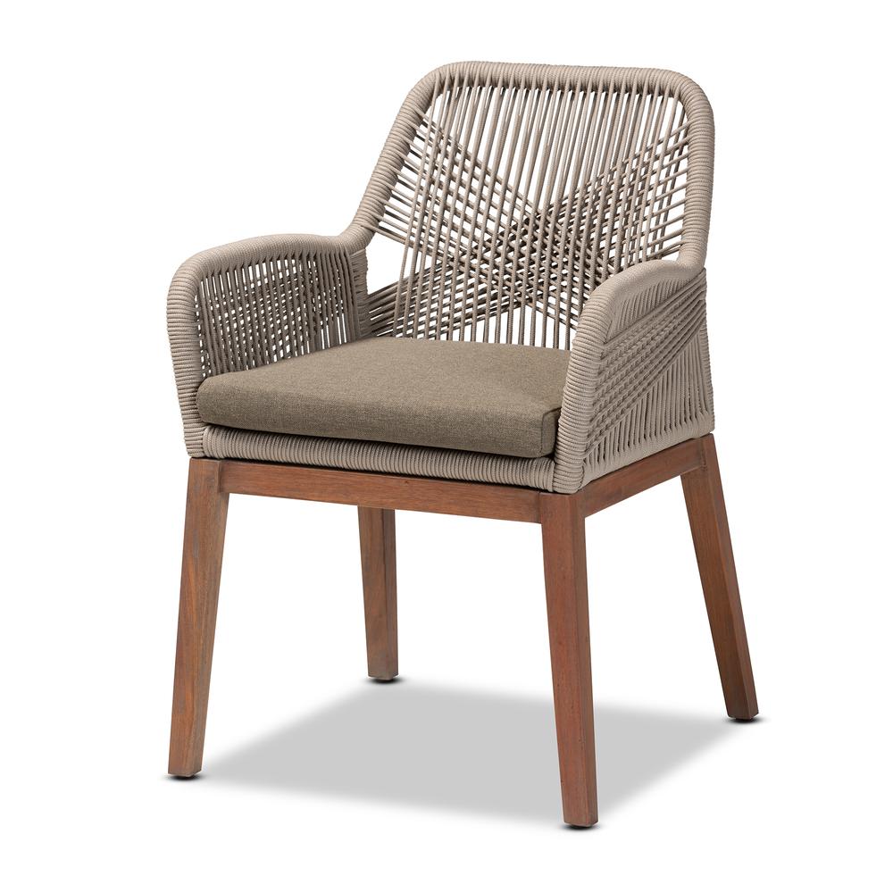 ennifer Mid-Century Transitional Grey Woven Rope Mahogany Dining Arm Chair. Picture 12