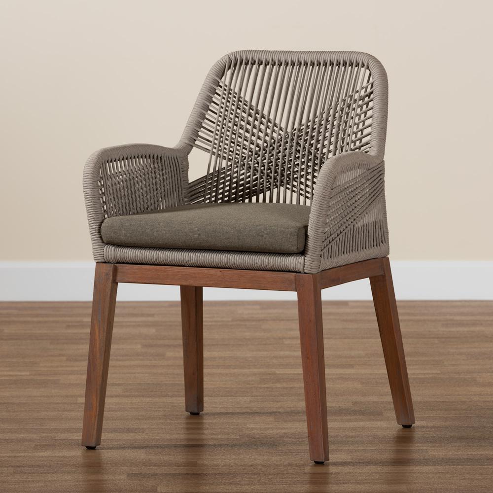 ennifer Mid-Century Transitional Grey Woven Rope Mahogany Dining Arm Chair. Picture 21