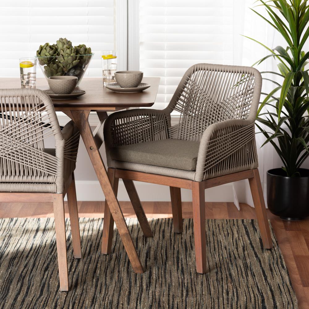 ennifer Mid-Century Transitional Grey Woven Rope Mahogany Dining Arm Chair. Picture 20