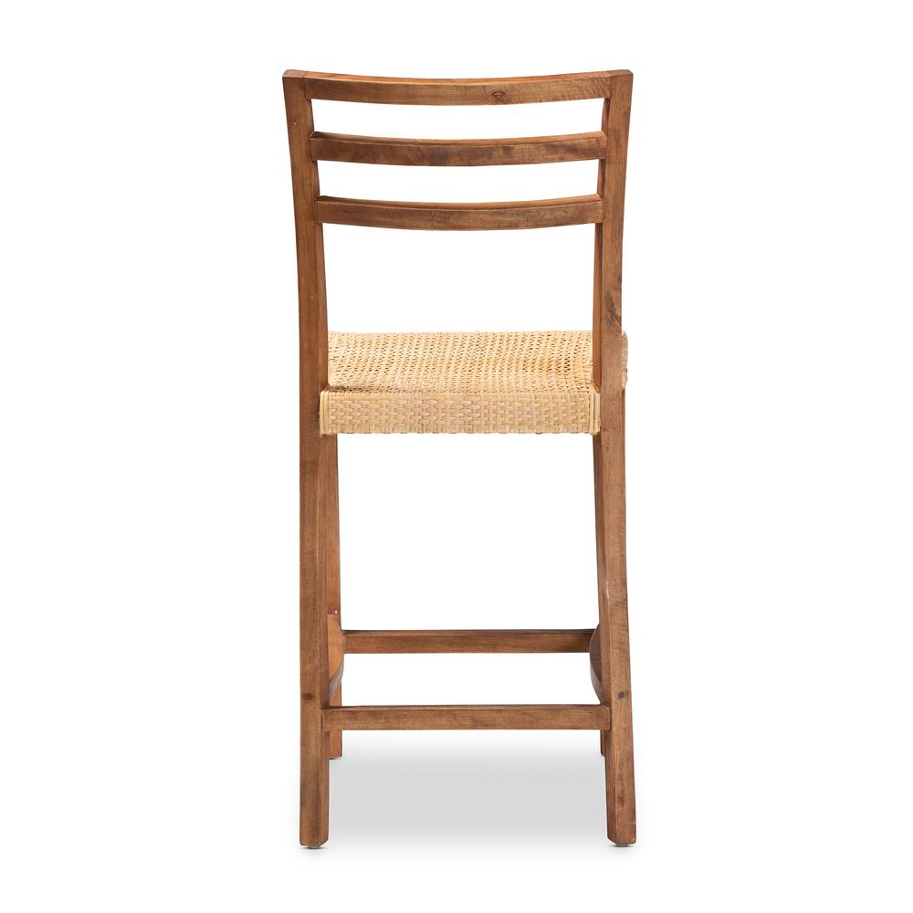 Walnut Brown Mahogany Wood and Natural Rattan Counter Stool. Picture 14