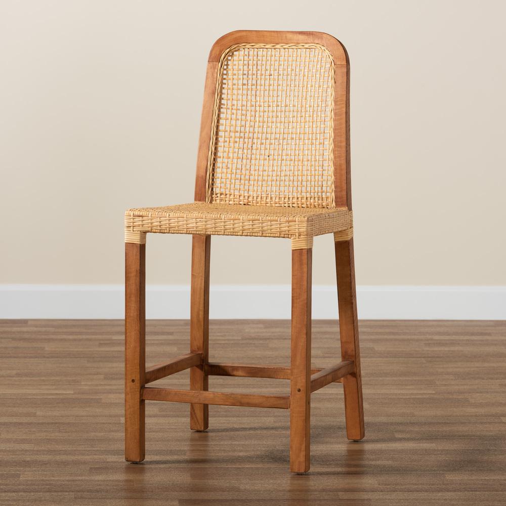 Walnut Brown Mahogany Wood and Natural Rattan Counter Stool. Picture 19