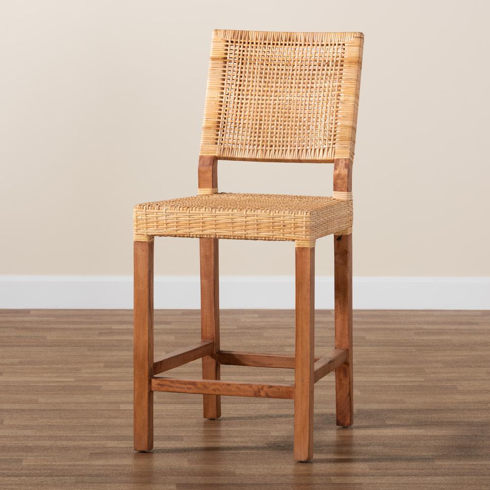 Bohemian Natural Brown Rattan and Walnut Brown Mahogany Wood Counter Stool. Picture 19
