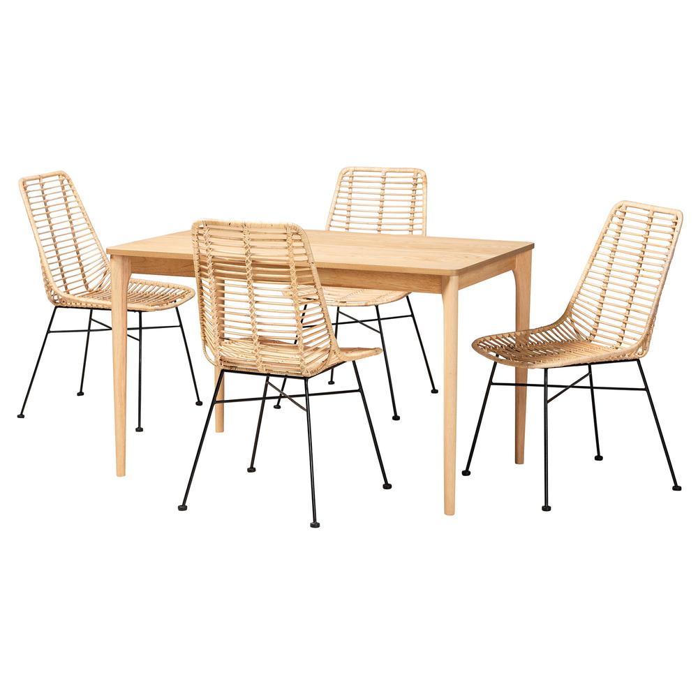 Bohemian Rattan and Natural Oak Finished Wood 5-Piece Dining Set. Picture 11