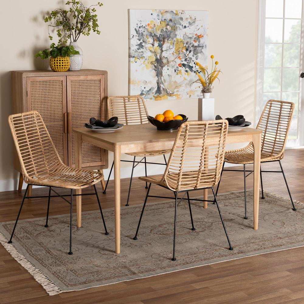 Bohemian Rattan and Natural Oak Finished Wood 5-Piece Dining Set. Picture 18