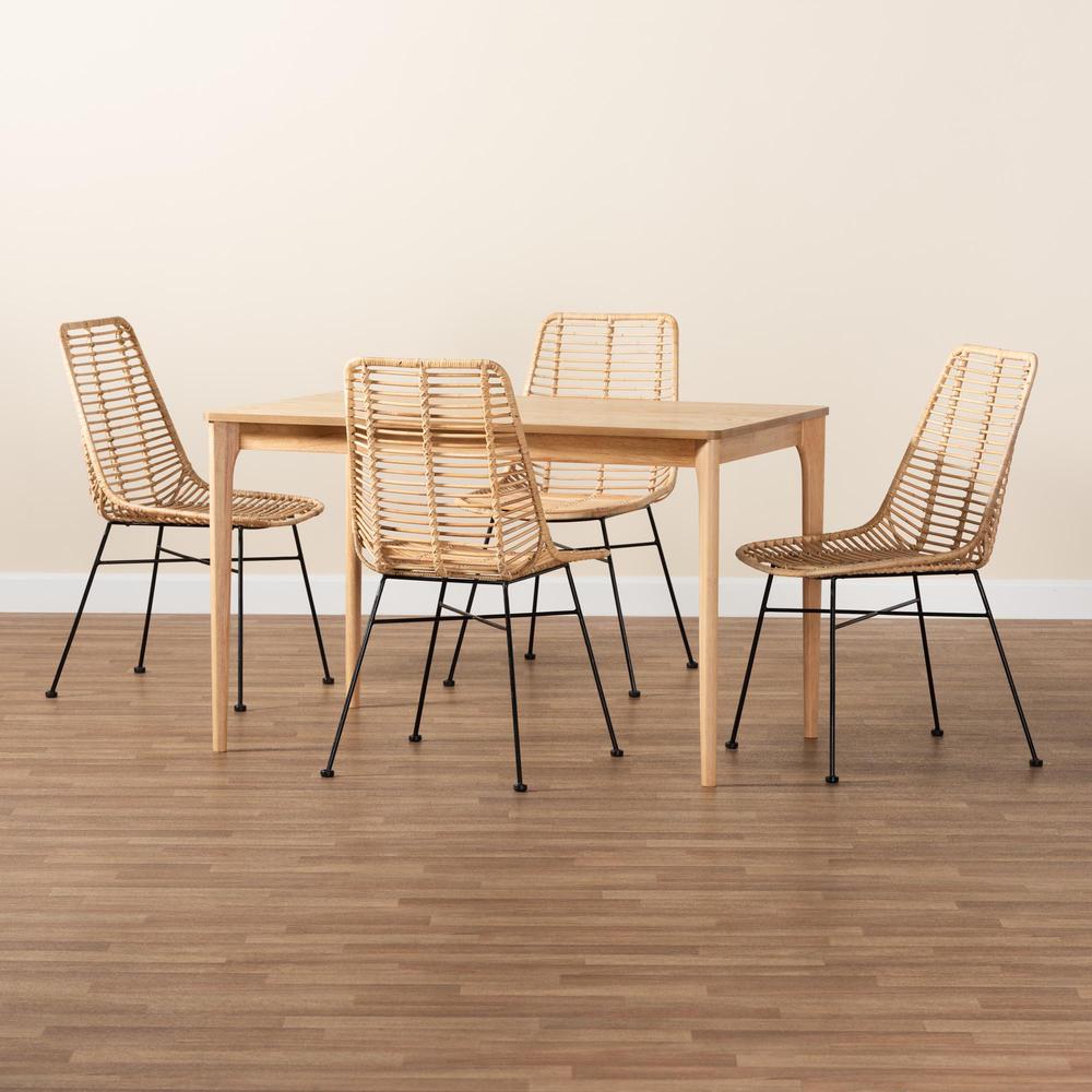 Bohemian Rattan and Natural Oak Finished Wood 5-Piece Dining Set. Picture 19