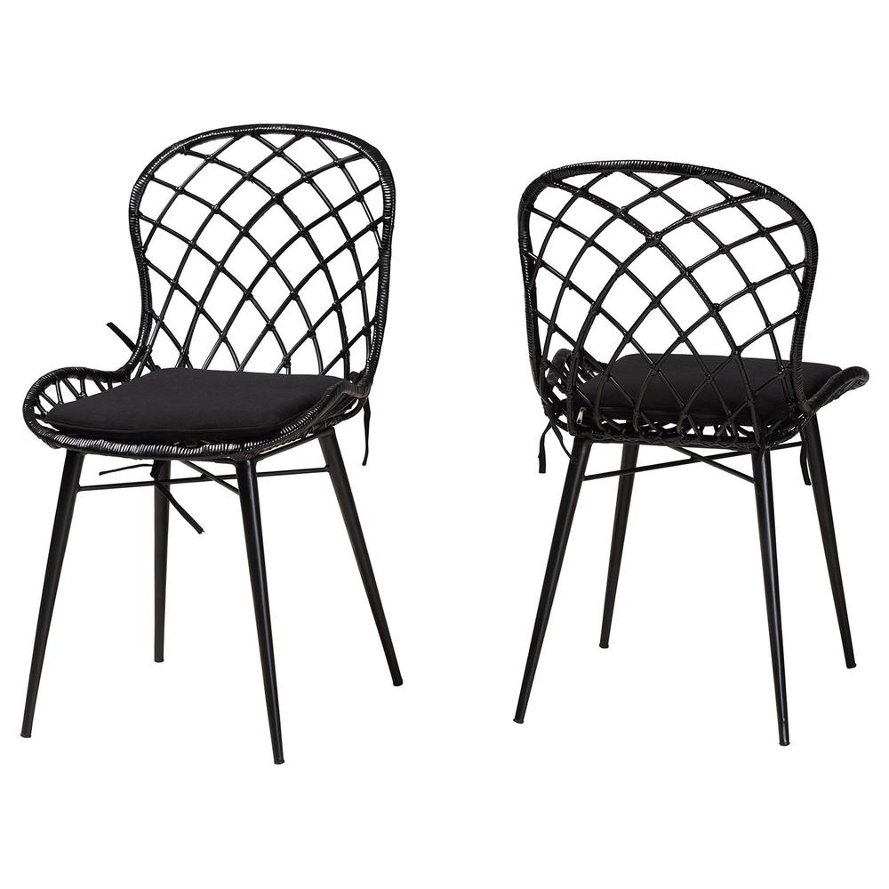 Bohemian Black Finished Rattan and Metal 2-Piece Dining Chair Set. Picture 10